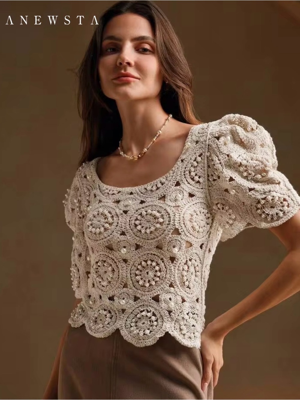 Anewsta Pearl Embellished Crochet Puff Sleeve Blouse Ivory NWT Size M